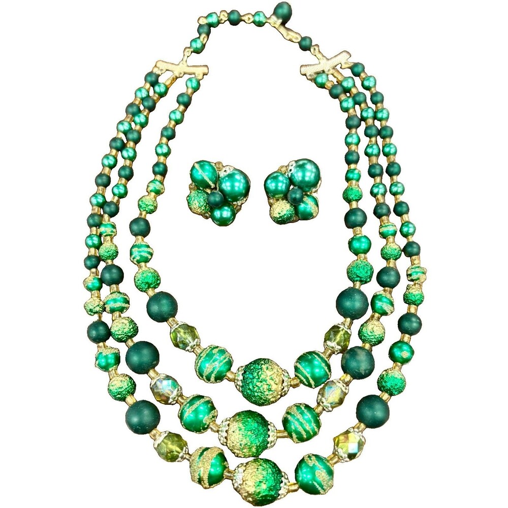 Vintage 1950s Japan Green Sugar Bead Triple Strand Necklace Clip Earrings Set